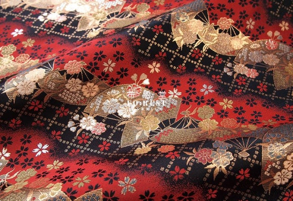 金らん "KINRAN" - Mindnight sakura赤櫻黒扇 gold brocade fabric Red - forest-fabric