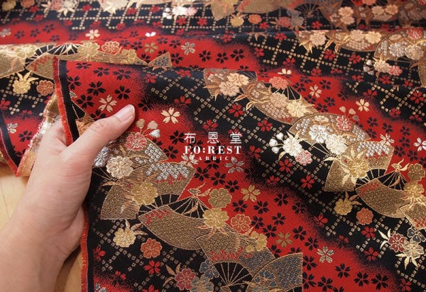 金らん "KINRAN" - Mindnight sakura赤櫻黒扇 gold brocade fabric Red - forest-fabric
