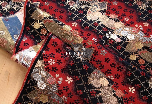 金らん "KINRAN" - Mindnight sakura赤櫻黒扇 gold brocade fabric Red - forest-fabric