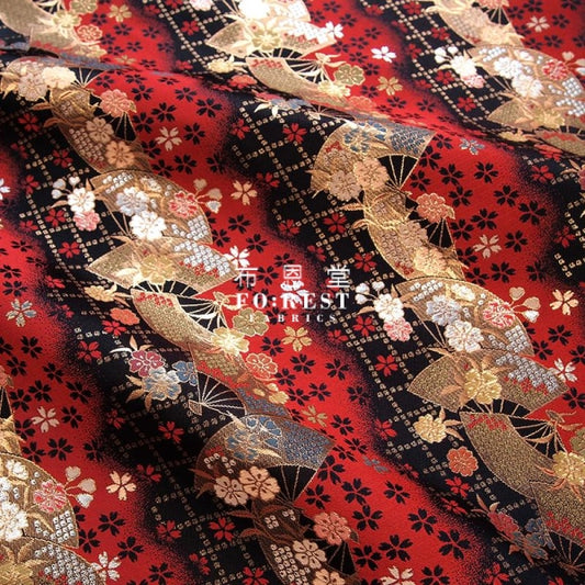 金らん "KINRAN" - Mindnight sakura赤櫻黒扇 gold brocade fabric Red - forest-fabric