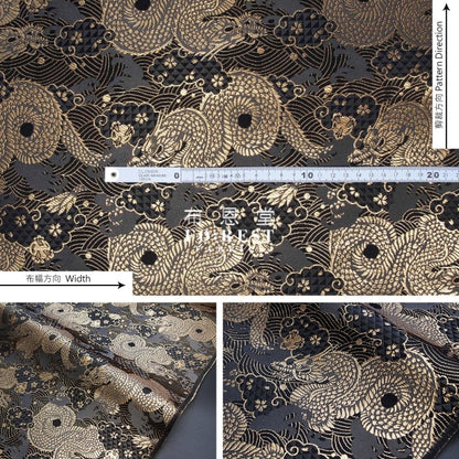 Kinran- Dragon Gold Brocade Fabric Black Polyester