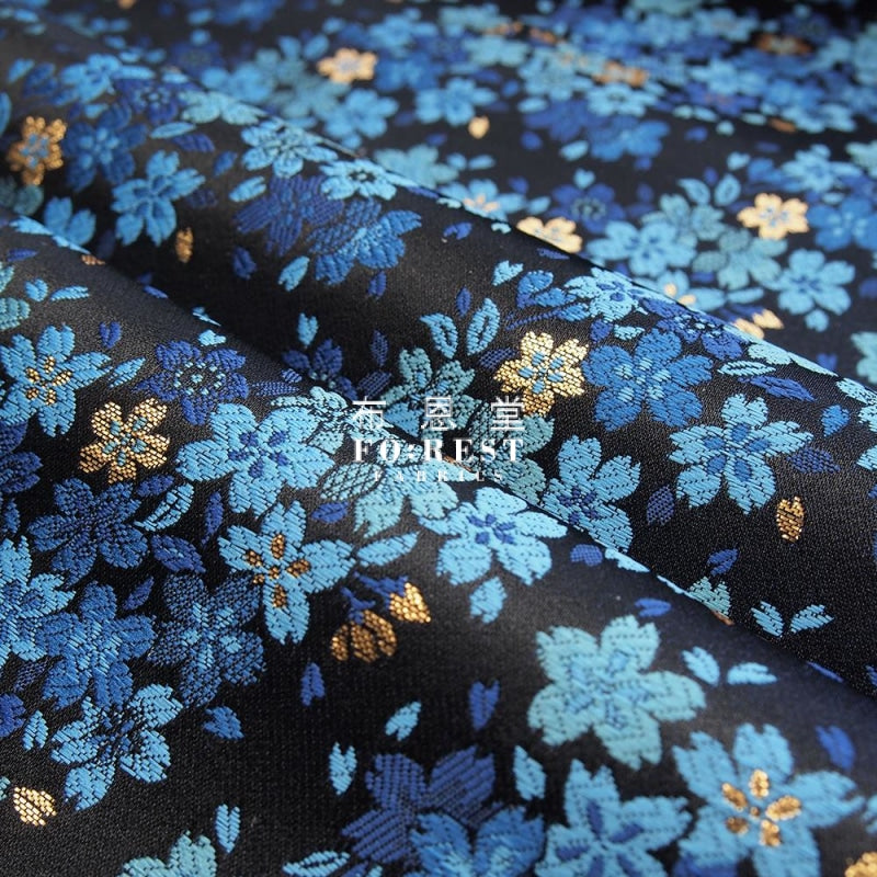 Kinran- Sakura Gold Brocade Fabric Blue Polyester