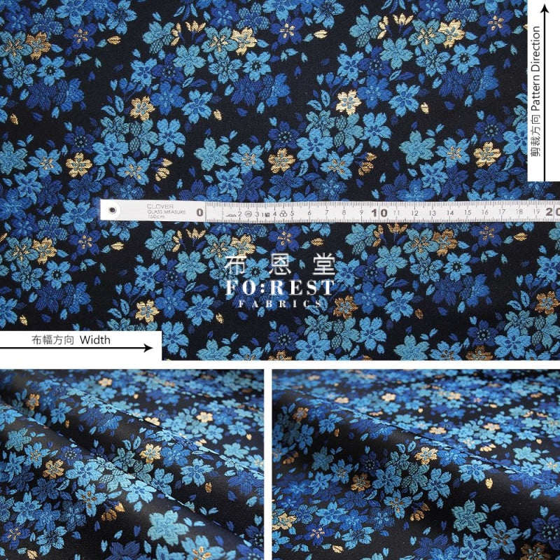 Kinran- Sakura Gold Brocade Fabric Blue Polyester