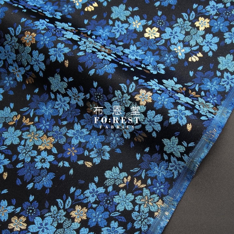 Kinran- Sakura Gold Brocade Fabric Blue Polyester