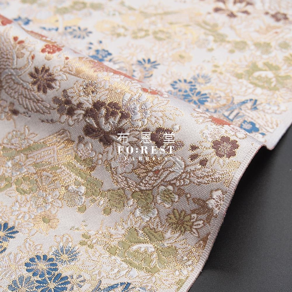 Kinran- Crane Gold Brocade Fabric White Polyester