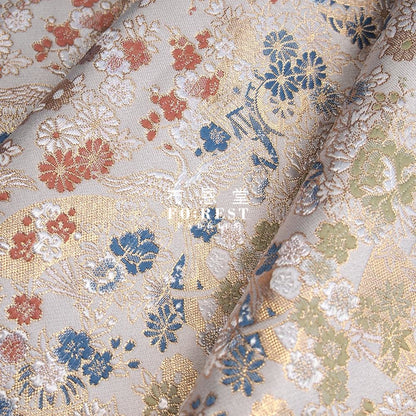 Kinran- Crane Gold Brocade Fabric White Polyester