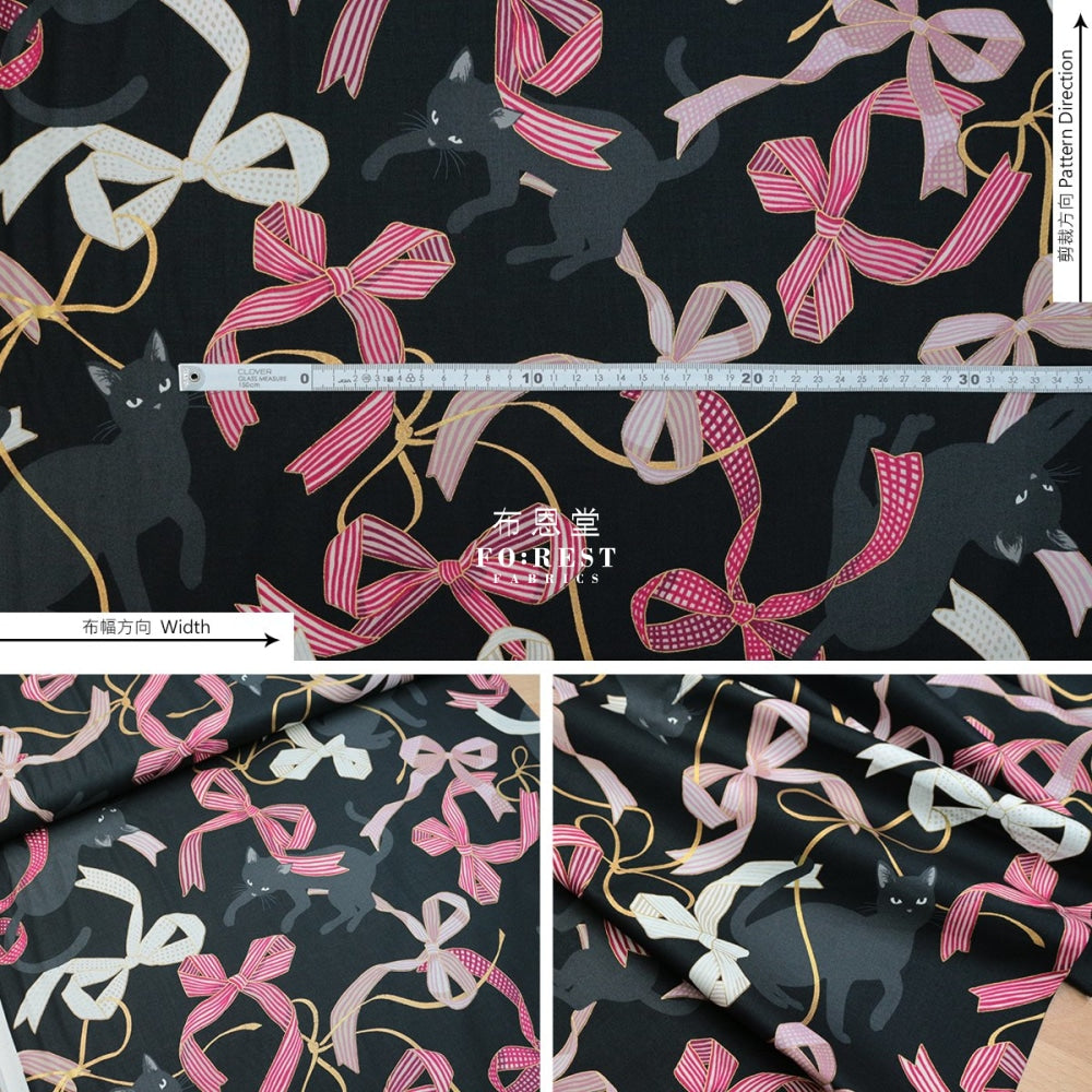 Quilt Gate - Cotton Neko Cats Ribbon Fabric Black