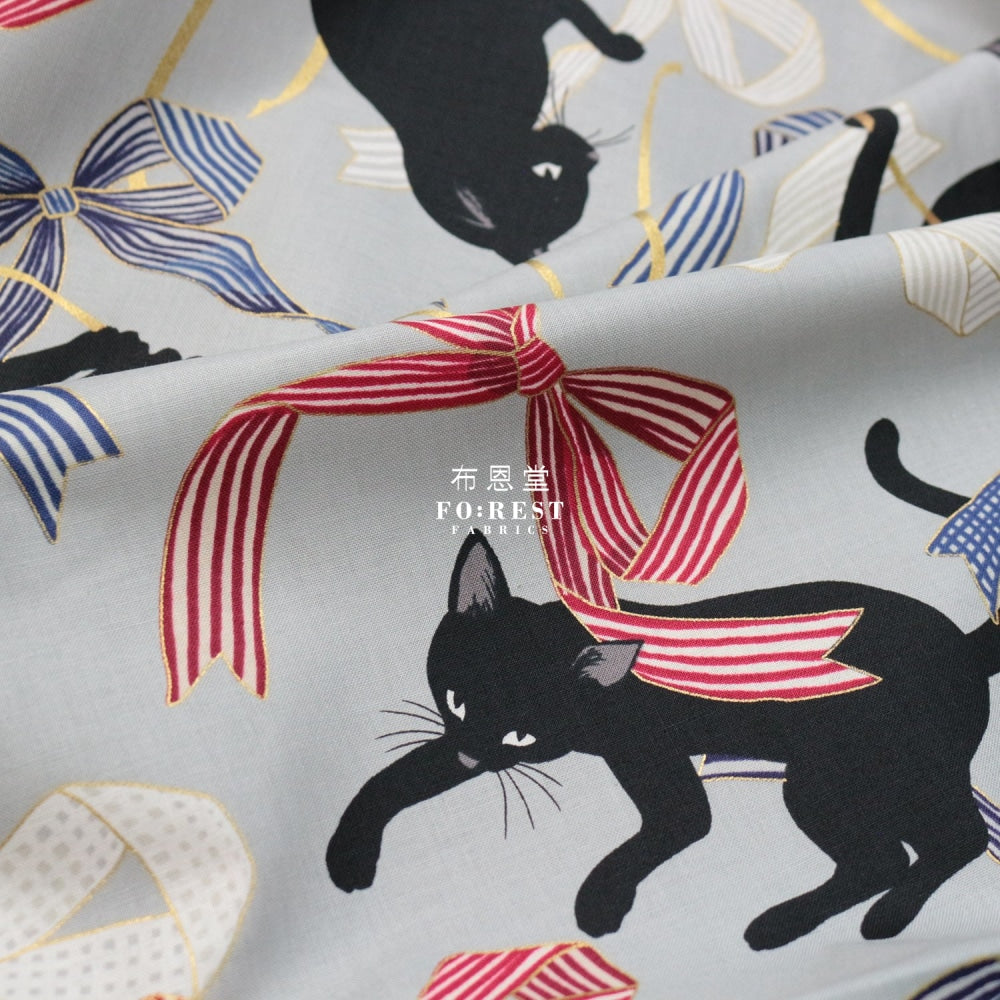 Quilt Gate - Cotton Neko Cats Ribbon Fabric Gray
