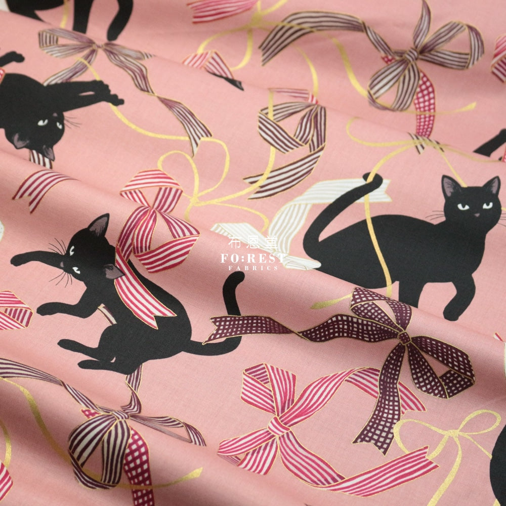 Quilt Gate - Cotton Neko Cats Ribbon Fabric Pink