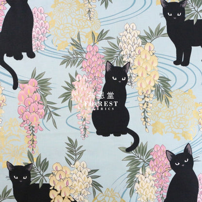 Quilt Gate - Cotton Wisteria Flower Cats Fabric Green
