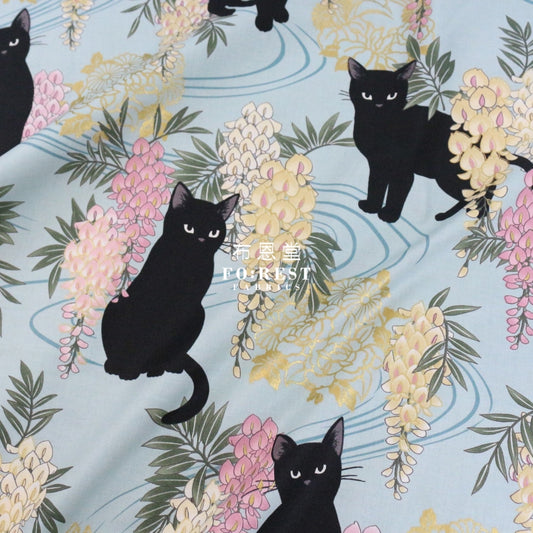 Quilt Gate - Cotton Wisteria Flower Cats Fabric Green