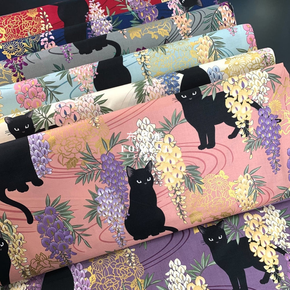 Quilt Gate - Cotton Wisteria Flower Cats Fabric Moss