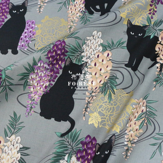 Quilt Gate - Cotton Wisteria Flower Cats Fabric Moss