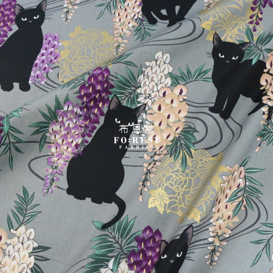Quilt Gate - cotton - wisteria flower cats fabric Moss - FO:REST Fabric 布恩堂Liberty fabrictana lawnjapanese fabricykk zipper