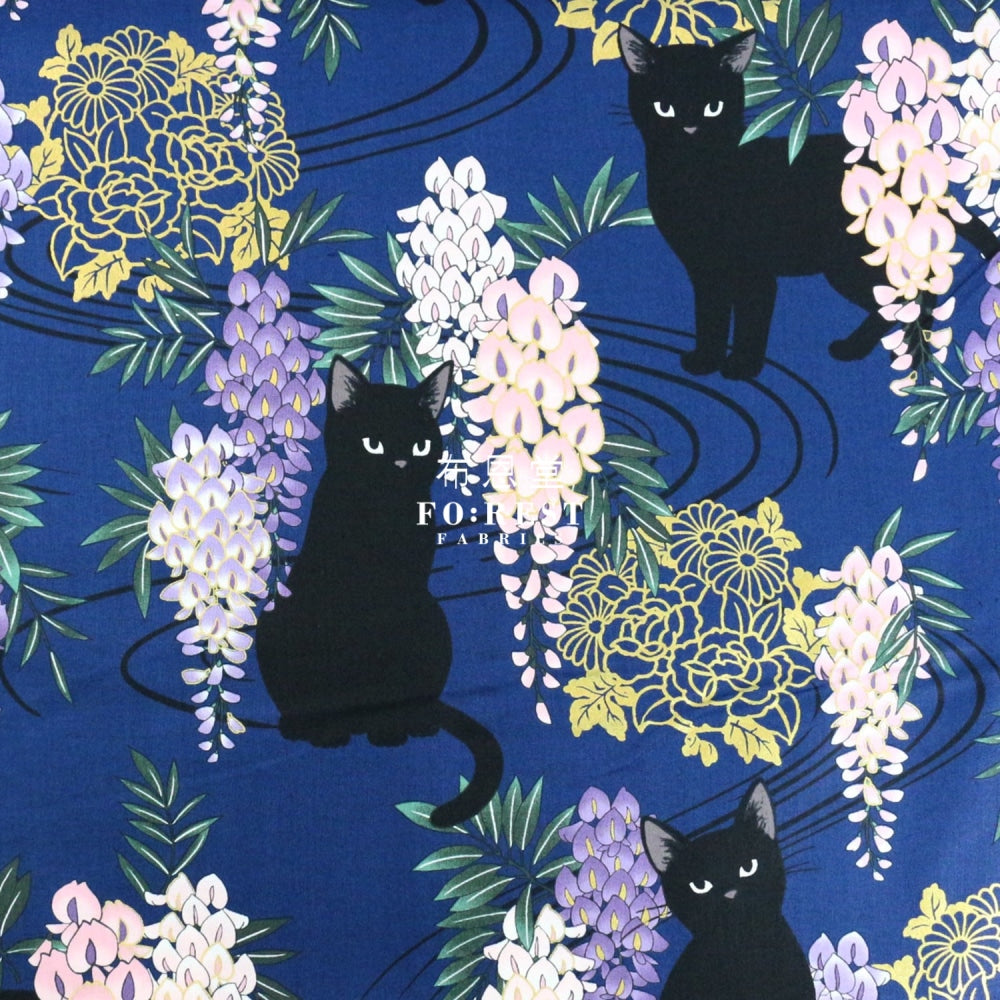 Quilt Gate - Cotton Wisteria Flower Cats Fabric Navy