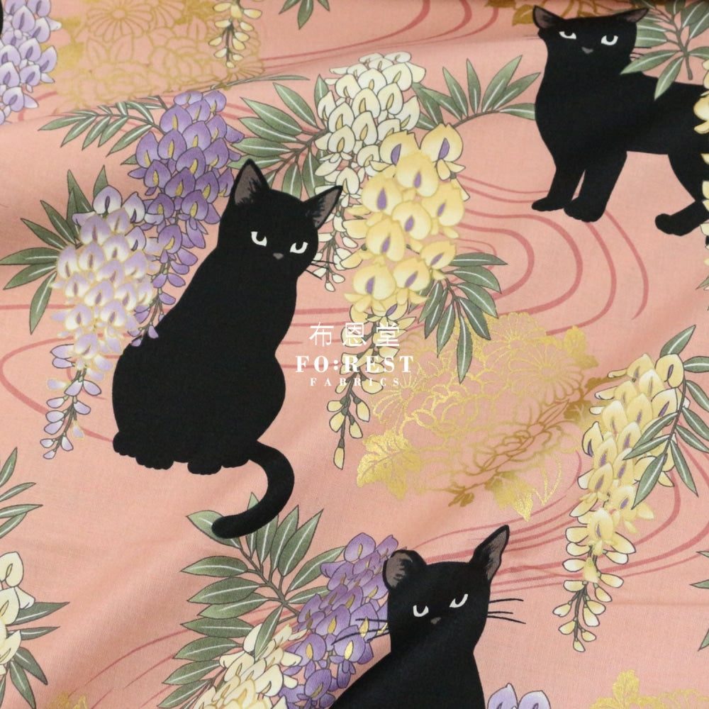 Quilt Gate - Cotton Wisteria Flower Cats Fabric Pink