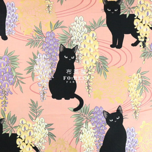 Quilt Gate - Cotton Wisteria Flower Cats Fabric Pink