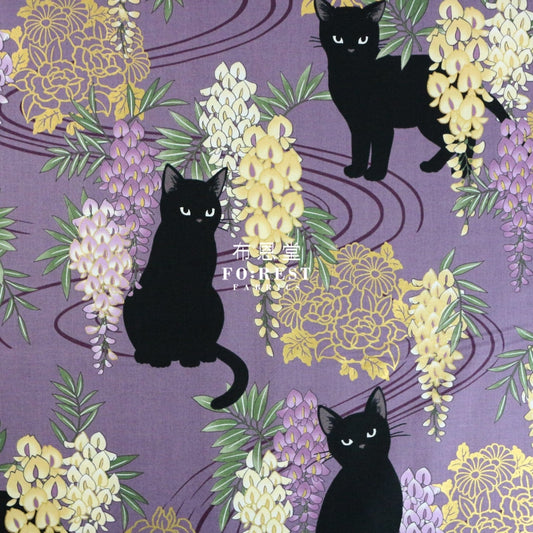 Quilt Gate - Cotton Wisteria Flower Cats Fabric Purple