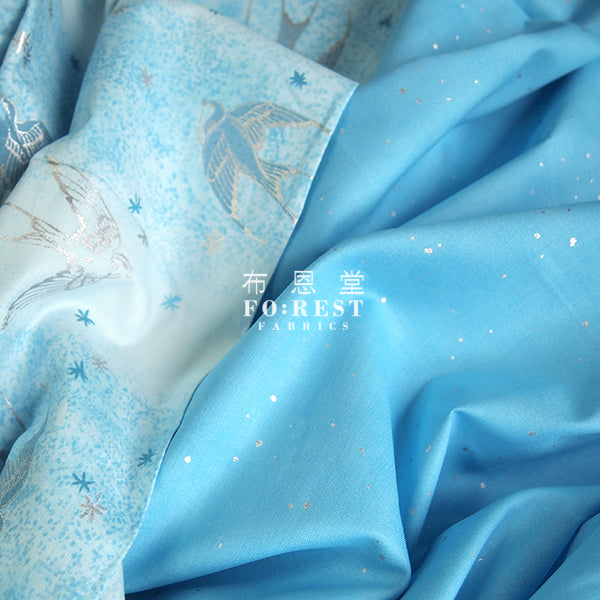 cotton - Swallow in the snow Metallic fabric (blue) - forest-fabric