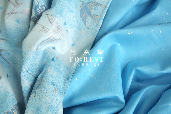 cotton - Swallow in the snow Metallic fabric (blue) - forest-fabric