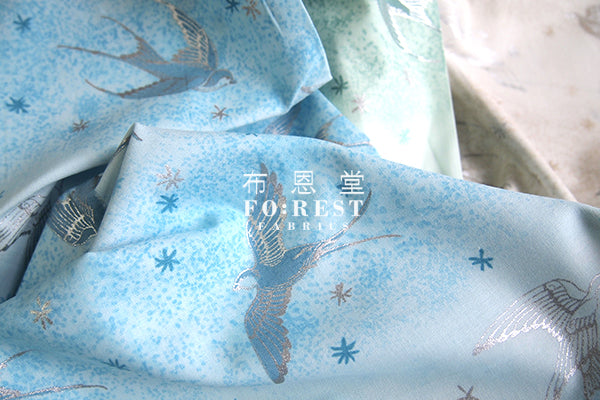 cotton - Swallow in the snow Metallic fabric (blue) - forest-fabric