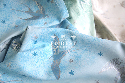 cotton - Swallow in the snow Metallic fabric (blue) - forest-fabric