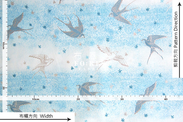 cotton - Swallow in the snow Metallic fabric (blue) - forest-fabric