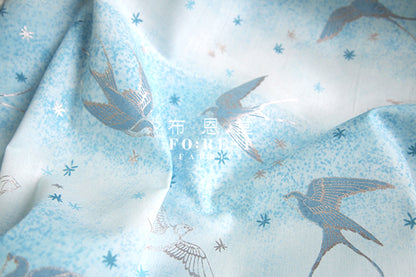 cotton - Swallow in the snow Metallic fabric (blue) - forest-fabric